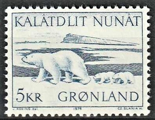 FRIMÆRKER GRØNLAND | 1976 - AFA 96 - Isbjørn - 5 kr. blå - Postfrisk